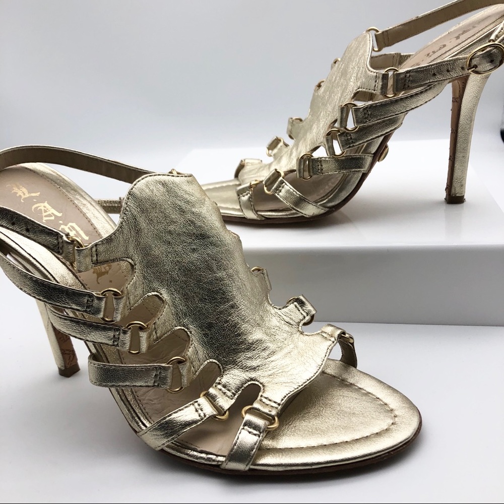 L.A.M.B Gwen Stefani Gold Sandal Heels, size 7.5